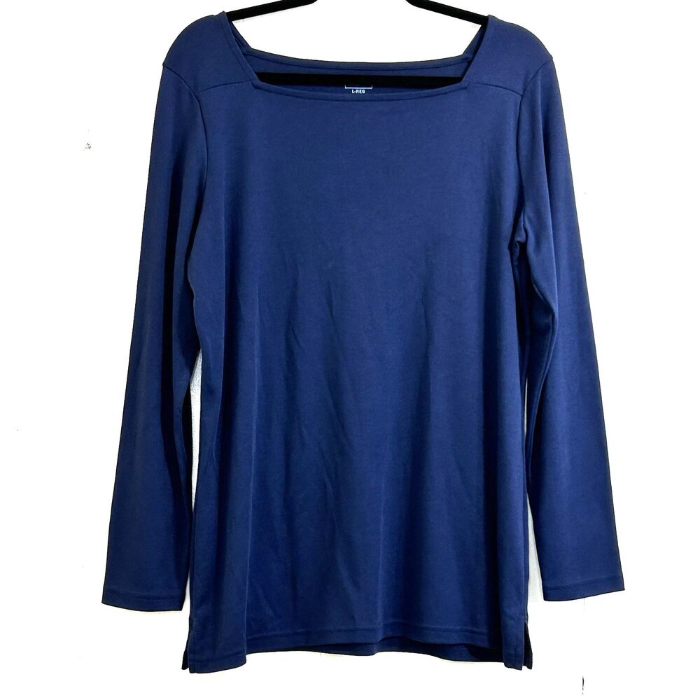 LL Bean Women's Top Size L Dark Blue Square Neck Pima Cotton Casual Basic Blouse